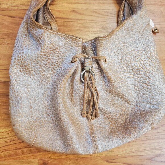 Cole Haan PHOEBE Distressed Leather Hobo Purse METALLIC ROSE Braid Trim Argento - Picture 5 of 9